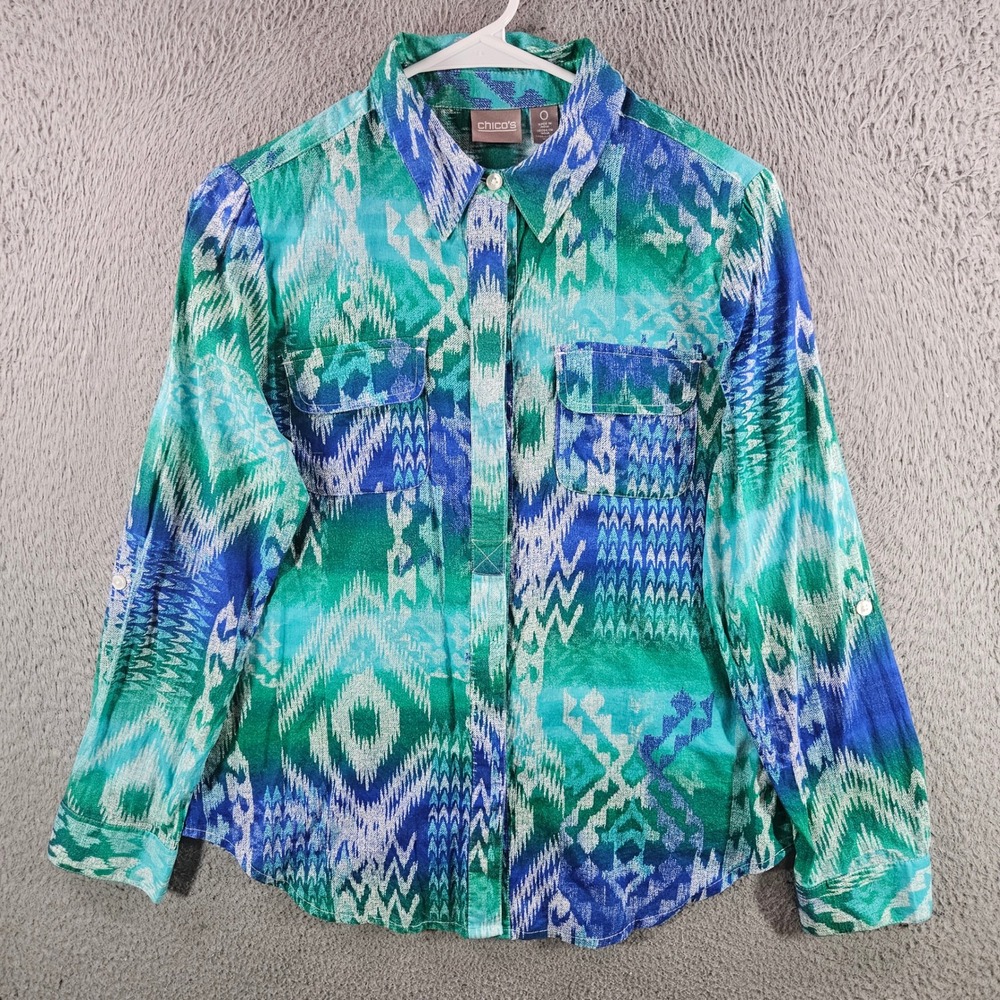 Chico's Womens Size 0 Blue Green Ikat Print Cotton Button Down Roll Tab Shirt